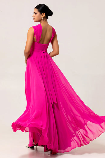 Fuchsia A Line Konvertibel Chiffong Brudtärna Klänning med slits