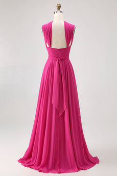 Fuchsia A Line Konvertibel Chiffong Brudtärna Klänning med slits
