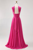 Fuchsia A Line Konvertibel Chiffong Brudtärna Klänning med slits