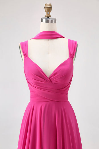 Fuchsia A Line Konvertibel Chiffong Brudtärna Klänning med slits
