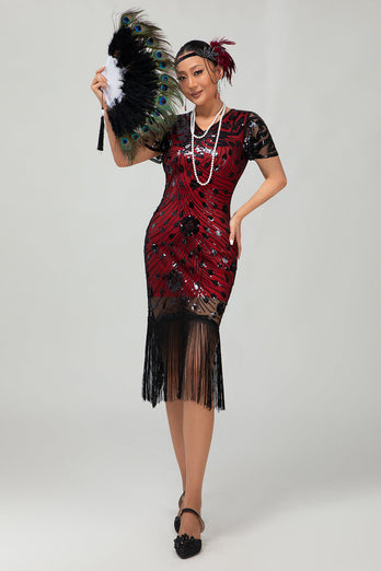 Svart Röd Bodycon Fransad Paljett 1920-tals Klänning Med 5-delat Tillbehörsset