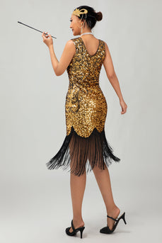 Glittrande Svart Gyllene V-ringad Bodycon 1920-talet Klänning med fransar