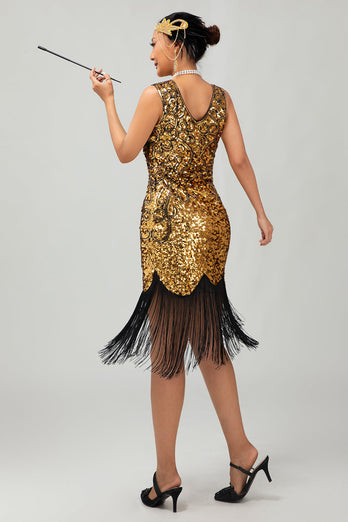 Glittrande Svart Gyllene V-ringad Bodycon 1920-talet Klänning med fransar