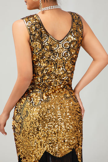 Glittrande Svart Gyllene V-ringad Bodycon 1920-talet Klänning med fransar