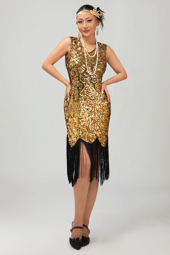 Glittrande Svart Gyllene V-ringad Bodycon 1920-talet Klänning med fransar