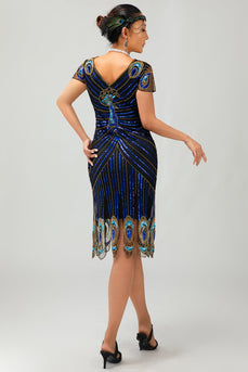 Paljett Svart Blå 1920-talet Bodycon Gatsby Klänning med Korta ärmar