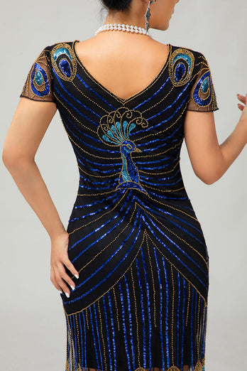 Paljett Svart Blå 1920-talet Bodycon Gatsby Klänning med Korta ärmar
