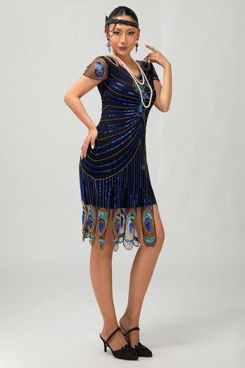 Paljett Svart Blå 1920-talet Bodycon Gatsby Klänning med Korta ärmar
