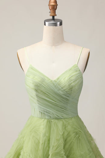 A Line Spaghetti Straps Grön Rynkad Kort Homecoming Klänning med öppen rygg