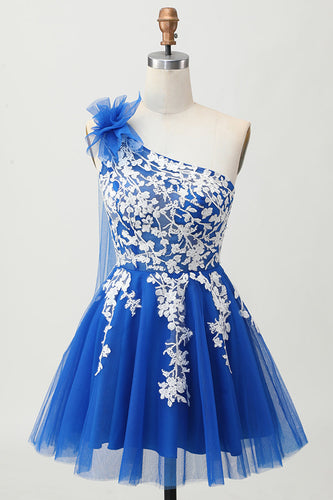 Royal Blue A-linjeformad One Shoulder Tyll Homecoming Klänning med Snörning Upp Tillbaka