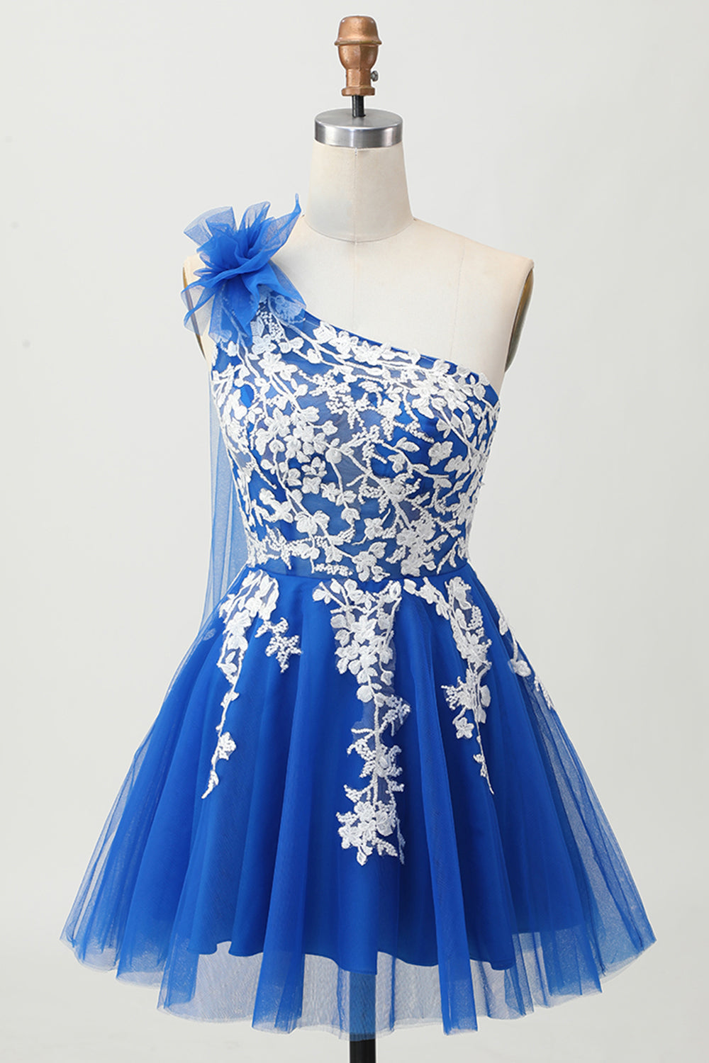 Royal Blue A-linjeformad One Shoulder Tyll Homecoming Klänning med Snörning Upp Tillbaka