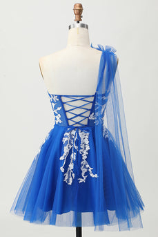 Royal Blue A-linjeformad One Shoulder Tyll Homecoming Klänning med Snörning Upp Tillbaka