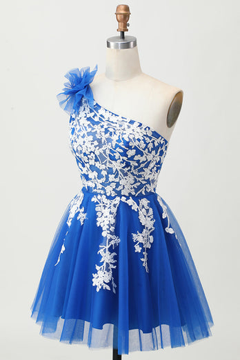 Royal Blue A-linjeformad One Shoulder Tyll Homecoming Klänning med Snörning Upp Tillbaka