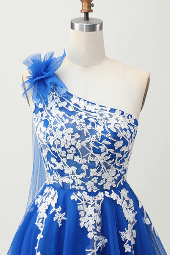 Royal Blue A-linjeformad One Shoulder Tyll Homecoming Klänning med Snörning Upp Tillbaka