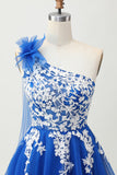 Royal Blue A-linjeformad One Shoulder Tyll Homecoming Klänning med Snörning Upp Tillbaka