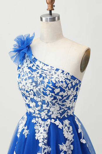 Royal Blue A-linjeformad One Shoulder Tyll Homecoming Klänning med Snörning Upp Tillbaka