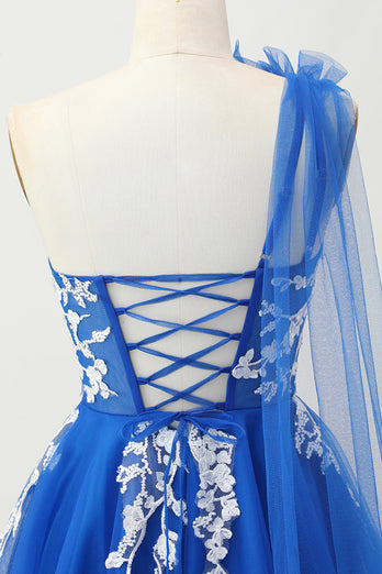Royal Blue A-linjeformad One Shoulder Tyll Homecoming Klänning med Snörning Upp Tillbaka