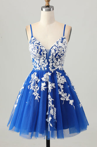 Royal Blue A-linje Spaghetti Straps Tyll Kort Homecoming Klänning med Snörning Upp Tillbaka