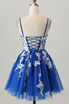 Royal Blue A-linje Spaghetti Straps Tyll Kort Homecoming Klänning med Snörning Upp Tillbaka