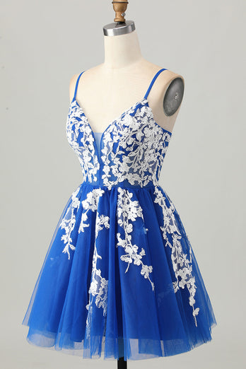 Royal Blue A-linje Spaghetti Straps Tyll Kort Homecoming Klänning med Snörning Upp Tillbaka