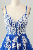 Royal Blue A-linje Spaghetti Straps Tyll Kort Homecoming Klänning med Snörning Upp Tillbaka