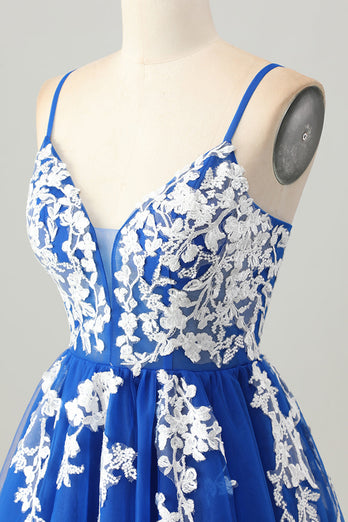 Royal Blue A-linje Spaghetti Straps Tyll Kort Homecoming Klänning med Snörning Upp Tillbaka