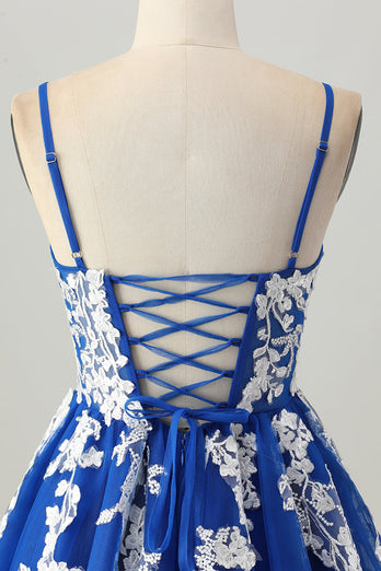 Royal Blue A-linje Spaghetti Straps Tyll Kort Homecoming Klänning med Snörning Upp Tillbaka