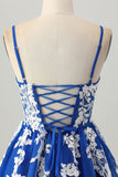 Royal Blue A-linje Spaghetti Straps Tyll Kort Homecoming Klänning med Snörning Upp Tillbaka