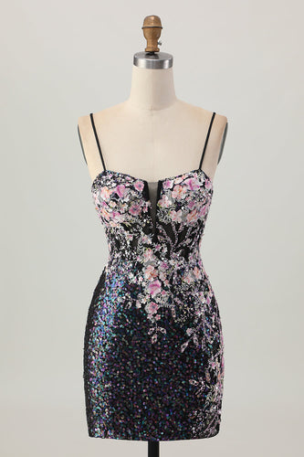 Glittrande Svart Rosa Blomma Bodycon Korsett Kort Homecoming Klänning med Paljetter