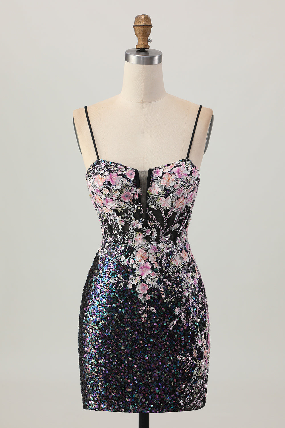 Glittrande Svart Rosa Blomma Bodycon Korsett Kort Homecoming Klänning med Paljetter