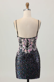 Glittrande Svart Rosa Blomma Bodycon Korsett Kort Homecoming Klänning med Paljetter