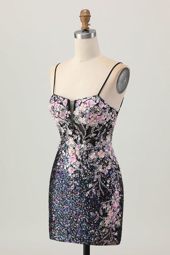 Glittrande Svart Rosa Blomma Bodycon Korsett Kort Homecoming Klänning med Paljetter