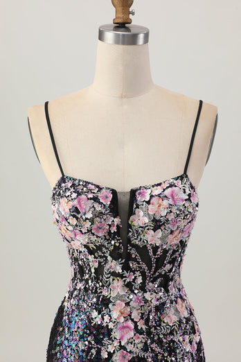 Glittrande Svart Rosa Blomma Bodycon Korsett Kort Homecoming Klänning med Paljetter