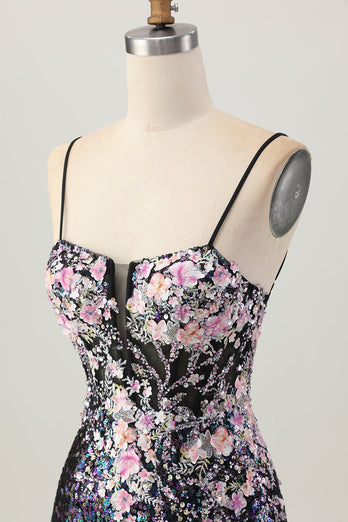 Glittrande Svart Rosa Blomma Bodycon Korsett Kort Homecoming Klänning med Paljetter