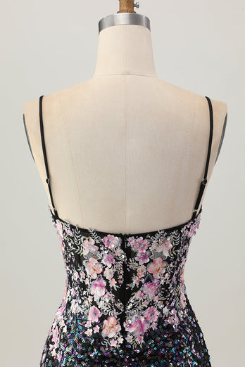 Glittrande Svart Rosa Blomma Bodycon Korsett Kort Homecoming Klänning med Paljetter