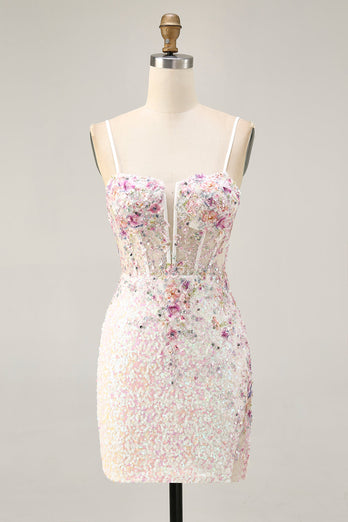 Glittrande Svart Rosa Blomma Bodycon Korsett Kort Homecoming Klänning med Paljetter