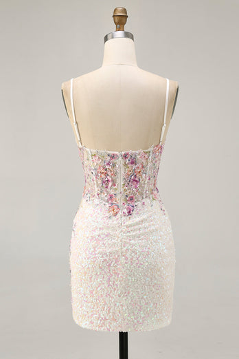 Glittrande Svart Rosa Blomma Bodycon Korsett Kort Homecoming Klänning med Paljetter