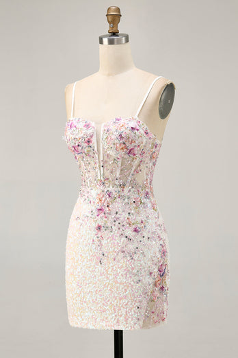 Glittrande Svart Rosa Blomma Bodycon Korsett Kort Homecoming Klänning med Paljetter