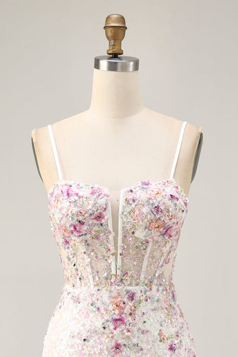 Glittrande Svart Rosa Blomma Bodycon Korsett Kort Homecoming Klänning med Paljetter