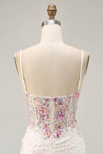 Glittrande Svart Rosa Blomma Bodycon Korsett Kort Homecoming Klänning med Paljetter