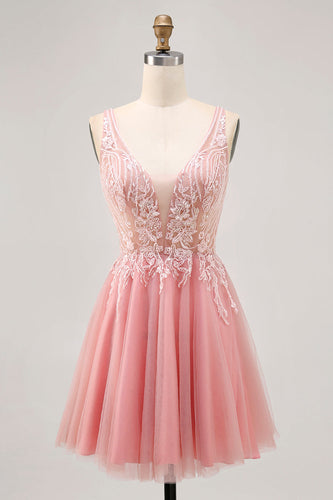 A-linjeformad Tyll Rodnande Paljetter Backless Kort Homecoming Klänning med Beading