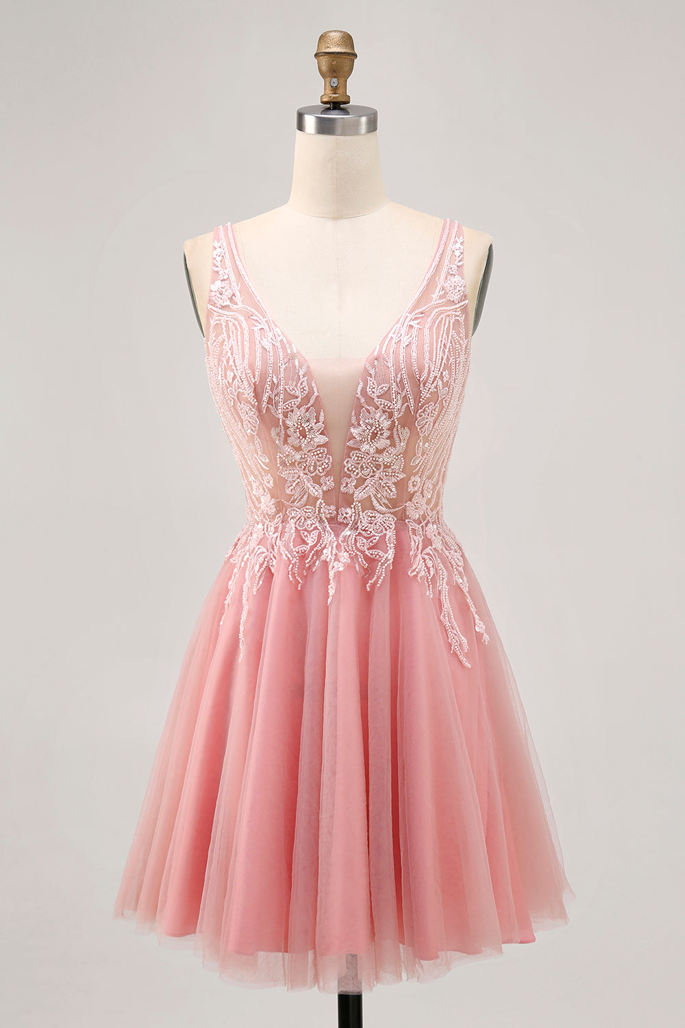 A-linjeformad Tyll Rodnande Paljetter Backless Kort Homecoming Klänning med Beading