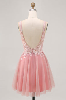 A-linjeformad Tyll Rodnande Paljetter Backless Kort Homecoming Klänning med Beading