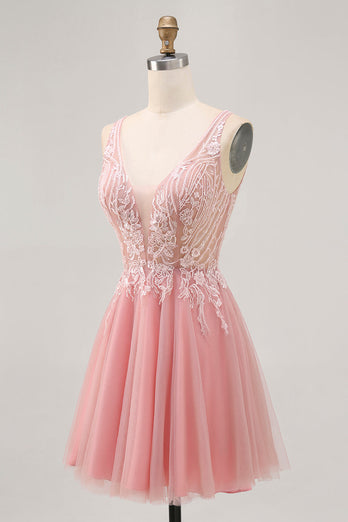 A-linjeformad Tyll Rodnande Paljetter Backless Kort Homecoming Klänning med Beading