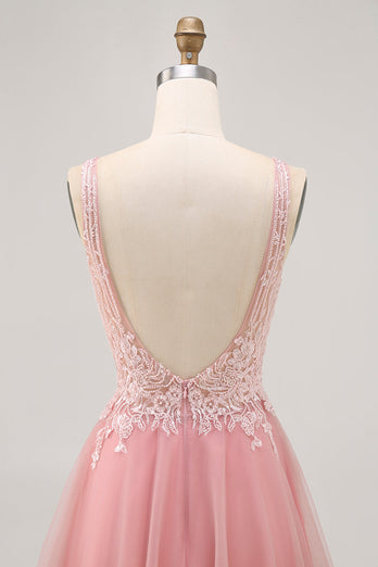 A-linjeformad Tyll Rodnande Paljetter Backless Kort Homecoming Klänning med Beading