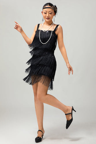 Svart paljett Gatsby Bodycon Kort 1920-talsklänning med fransar