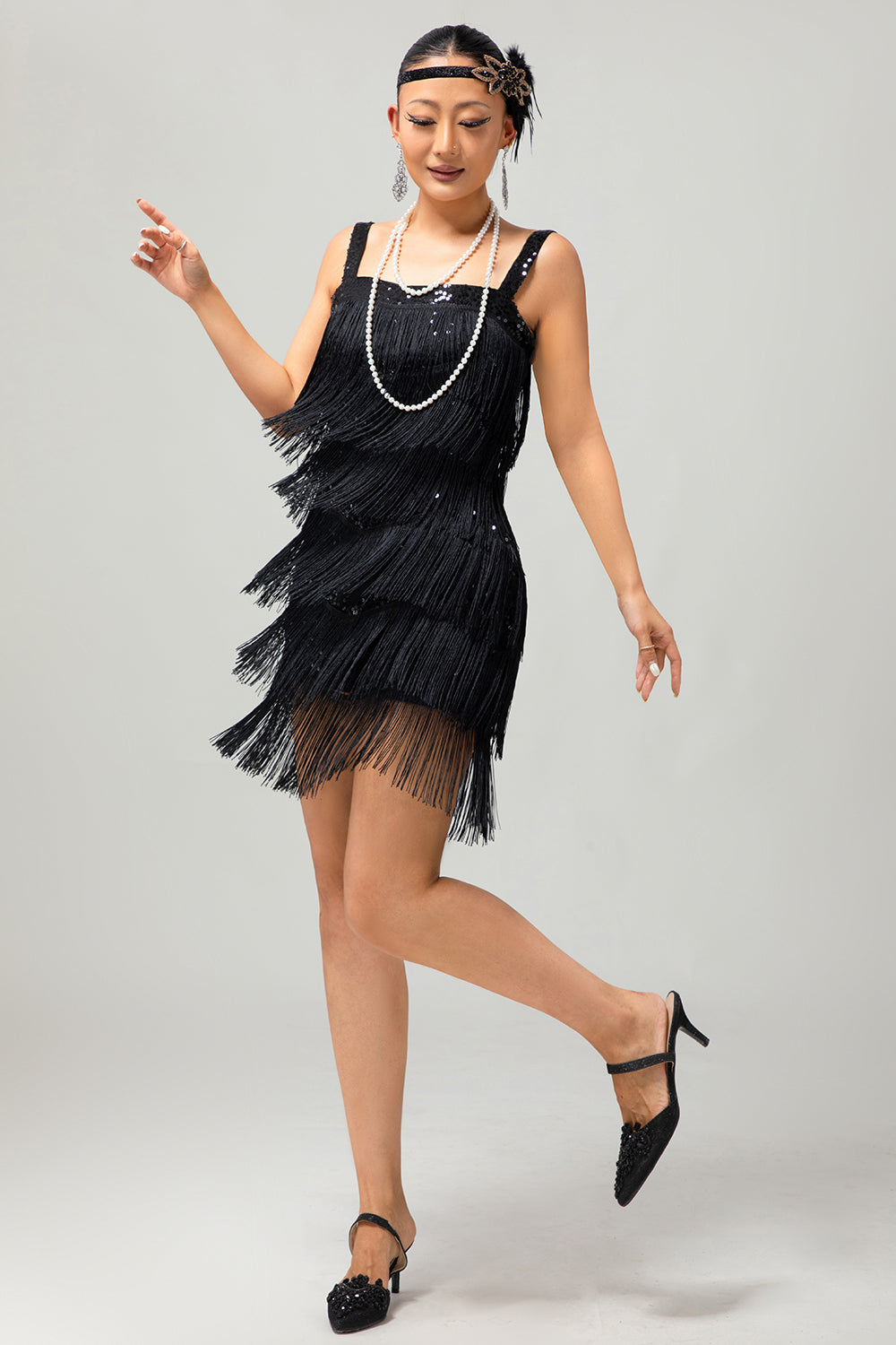 Svart paljett Gatsby Bodycon Kort 1920-talsklänning med fransar