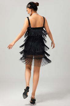Svart paljett Gatsby Bodycon Kort 1920-talsklänning med fransar