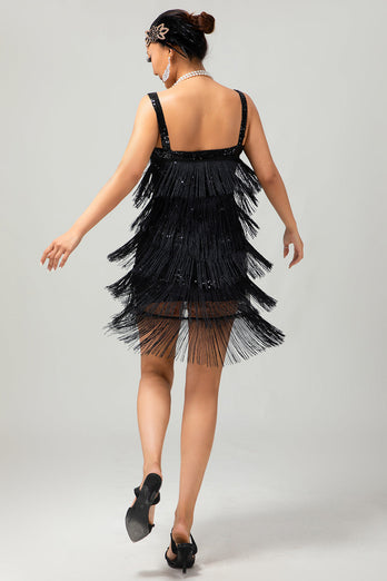 Svart paljett Gatsby Bodycon Kort 1920-talsklänning med fransar