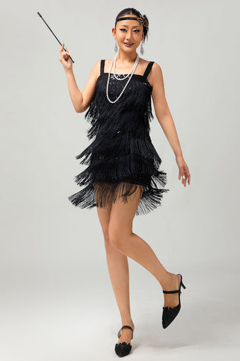 Svart paljett Gatsby Bodycon Kort 1920-talsklänning med fransar